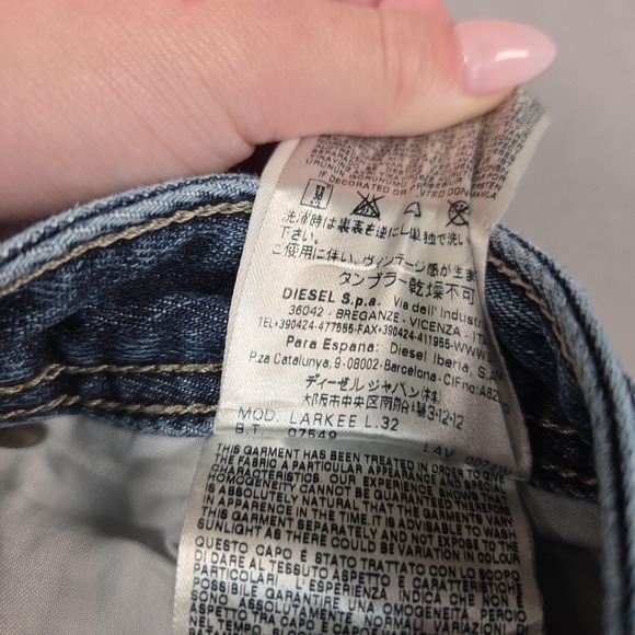 Diesel Larkee Jeans Mens 32x32 Blue Straight Leg Distressed Rip Knee Thrashed - Picture 7 of 10